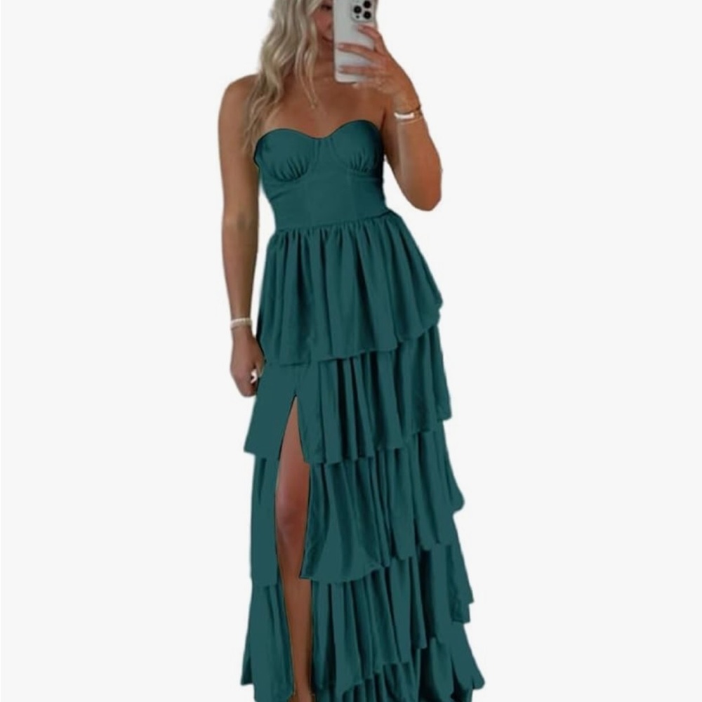 Tiered Teal Strapless Ruffle Maxi Dress